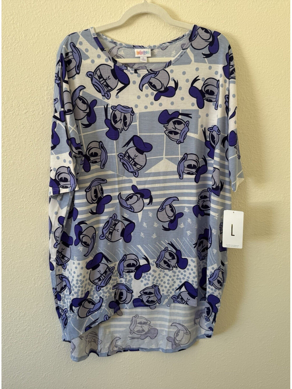 NWT LuLaRoe Disney Collab Irma Nightshirt Size L Donald Duck Blue/Purple SS